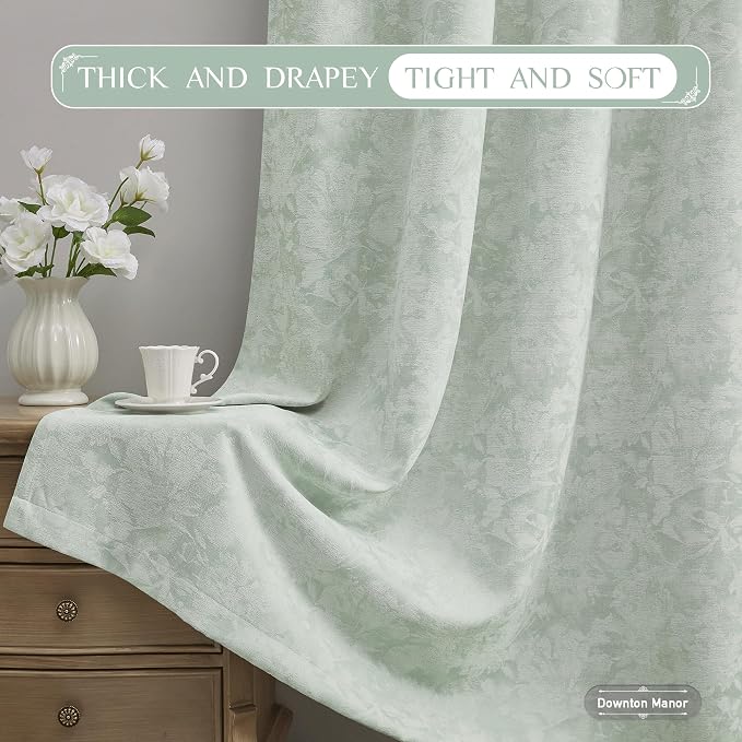 Beauoop Green Floral Jacquard Blackout Curtains for Bedroom 52x108 2 Panels | Flower Chenille Room Darkening Drapes for Living Room 108 Inch Long Thermal Insulated Soundproof Window treatment Rod Pocket