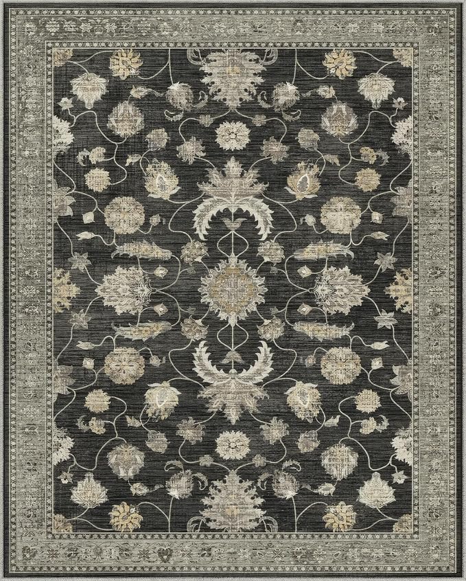 5x7 Area Rug for Living Room-Vintage Farmhouse Boho Floral Washable Stain Resistant Indoor Carpet for Bedroom Office and Home Decor(Black&Gold)