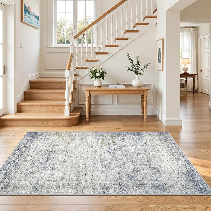4x6 Area Rug for Entryway,Washable Kitchen Rug,Blue | Small Rug for Hallway,Bedroom,Living Room,Dining Room,Thin,Soft, Neutral Rug,Stain Resistant Indoor Carpet,Non Slip