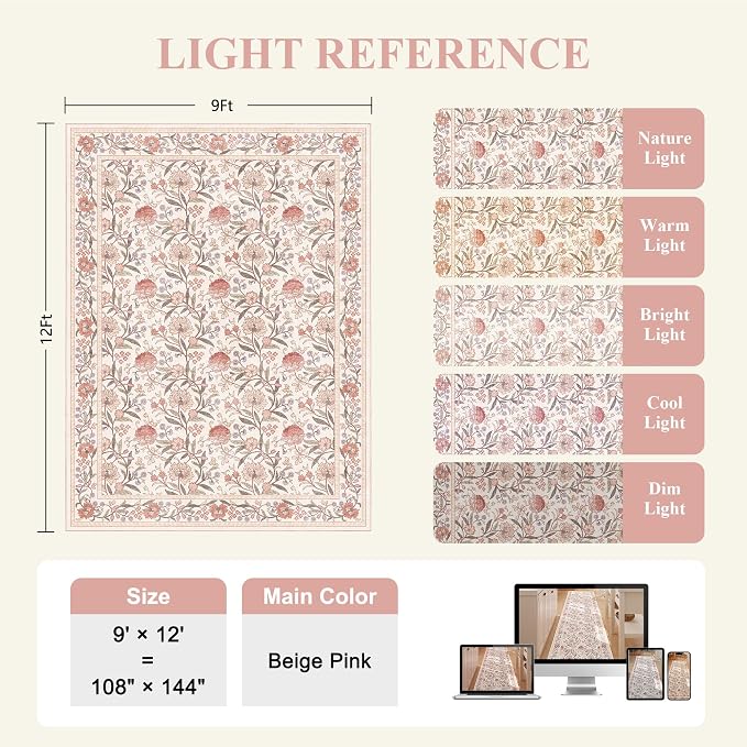 DUKINO 9x12 Area Rug for Living Room Vintage Floral Washable Rug Beige Pink | Non Slip, Low Pile, Non-Shedding, Stain Resistant, Aesthetic Soft Indoor Large Carpet for Bedroom Dining Room Farmhouse