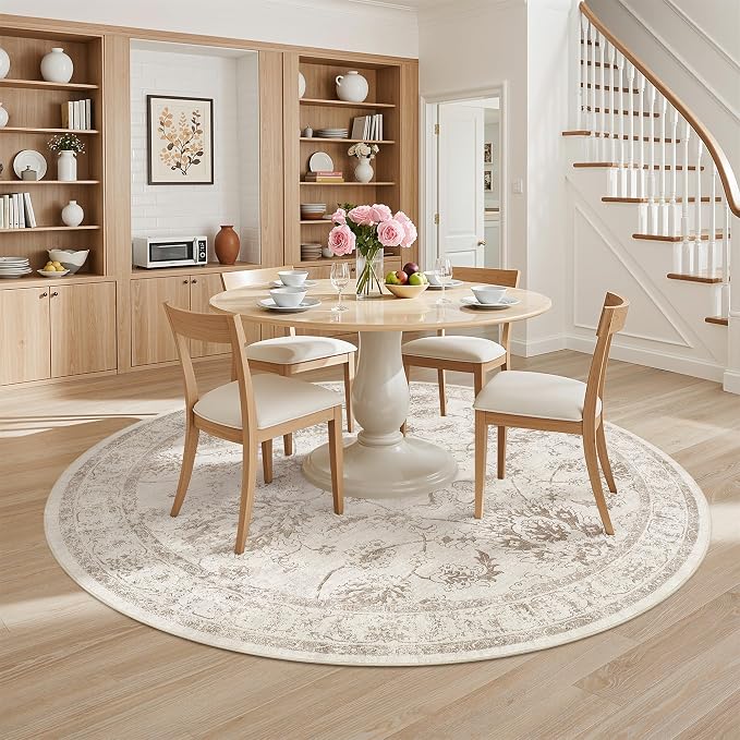 Madane Washable Round Rug 9ft for Living Room, Soft Ultra-Thin Non-Slip Vintage Floral Circle Area Rug, 9x9 Round Throw Carpet for Dining Room Nursery Bedroom Kitchen (Brown/Ivory, 9'Round)