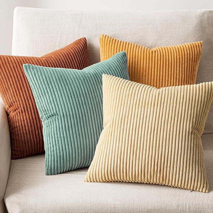 EMEMA Teal Orange Decorative Throw Pillow Covers 22x22 Inch Set of 4 Boho Farmhouse Corduroy Striped Square Pillow Case,Western Modern Cushion Covers for Couch Bed Livingroom Spring Home Decor