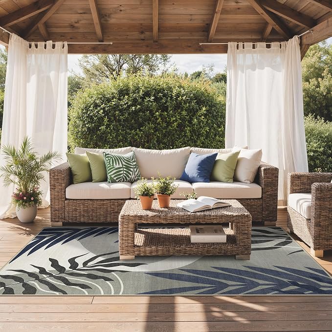 GENIMO 8x10 Outdoor Rug, Washable Quick Dry for Patio, Navy Grey | Botanical leaf design for backyard; fade resistant chenille with quick-dry non-slip backing for indoor living rooms.