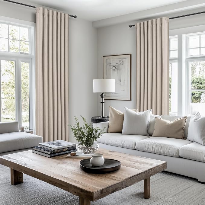 Full Blackout Taupe 100 Inch Long Curtains for Sliding Glass Doors 2 Panels Set, Rustic Country Linen Blend Greyish Flax Heavy Burlap Drapes Pin Hooks&Rings Back Tab Large Window Curtain (50"Wx100"L)