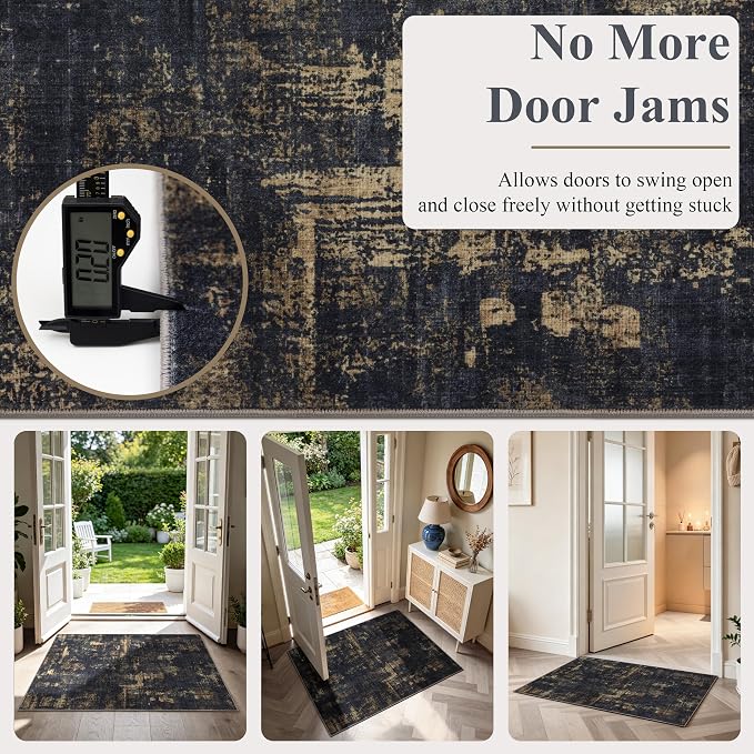 Sasttie 2x10 Soft Runner Rug for Entryway, Modern Abstract Washable Carpet for Hallway, Kitchen and Laundry Room, with Non-Slip Backing, Black and Gold