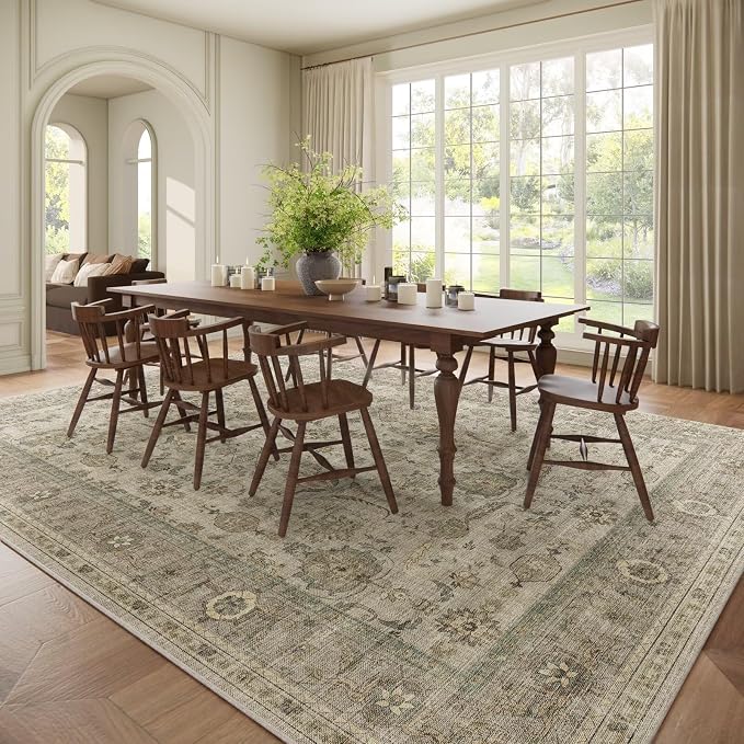 Boho Washable 9x12 Area Rugs for Living Room, Cushioned, Flaxen/Tan | Vintage Non-slip Neutral Oriental Rugs for Bedroom Dining Room Nursery Office High Traffic Area