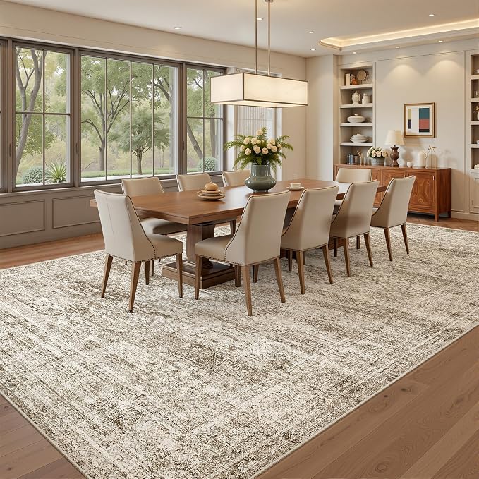Soalmost 7x10 Area Rug for Living Room Washable Abstract Vintage Soft Thin Indoor Floor Non-Slip Carpet for Bedroom Dining Room Brown