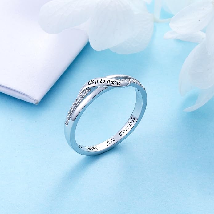 DAOCHONG Inspirational Jewelry Sterling Silver Engraved Believe All Things are Possible Band Ring for Women Girlfriend, Size 5-10