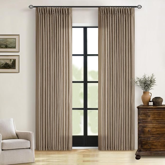 TWODRAPES Pinch Pleated Neutral Linen Curtains 2 Panels Set Living Room Dining Pinch Pleat Back Tab Light Filtering Farmhouse Boho Retro Window Curtain Drapes 84 Inch Length Latte Tan Brown