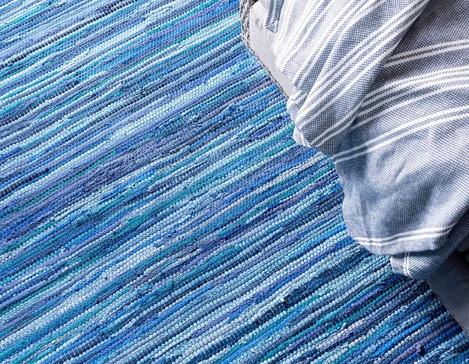 Unique Loom Chindi Cotton Collection Soft Hand Woven Natural Fiber Striped Area Rug, 8 ft x 10 ft, Navy Blue/Ivory
