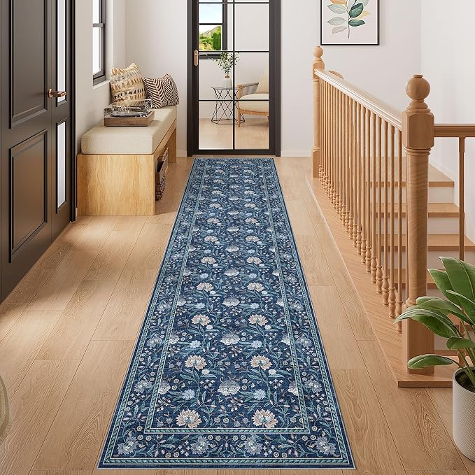 DUKINO 2x8 Runner Rug, Washable Vintage Floral Kitchen Rugs, Dark Blue | Non Slip, Low Pile, Stain Resistant Aesthetic Soft Carpet Runner for Hallway Bathroom Entryway Bedroom Farmhouse Laundry Room