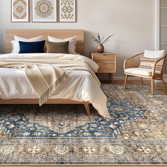 10x13 Area Rug Living Room: Washable Boho Large Neutral Vintage Soft Rugs Stain Resistant Farmhouse Non-Slip Indoor Floor Carpet for Bedroom Nursery Kids Office Dining Room Playroom- Yellow Blue