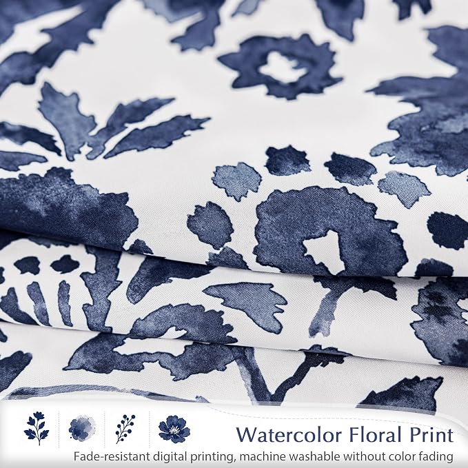 DriftAway Julia Blackout Curtains Grommet 2 Panels, W52xL54, Navy | Floral Curtains, Bedroom, Living Room, Room Darking, Watercolor Pattern, 2 Layers, Thermal Insulated, Window Treatment