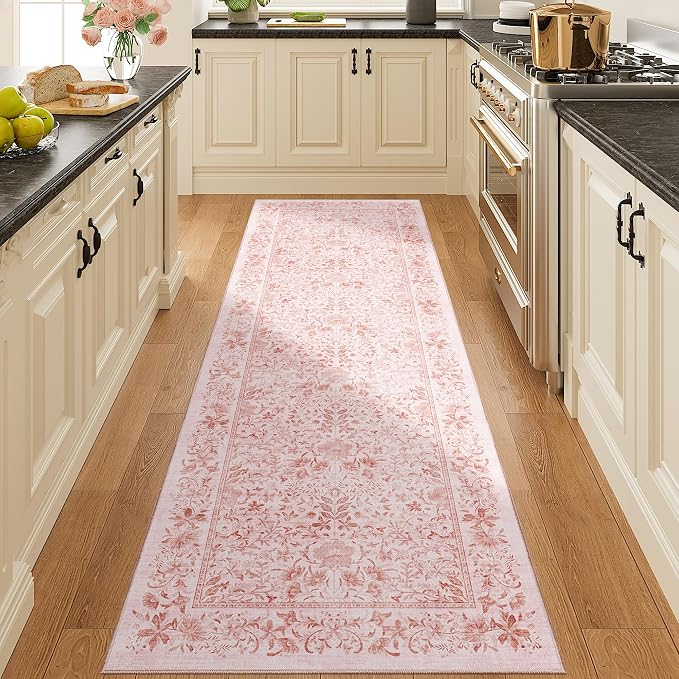 DUKINO 2x6 Runner Rug, Washable Vintage Floral Kitchen Rug, Pink | Non Slip, Low Pile, Stain Resistant Boho Soft Throw Carpet Runner for Hallway Bathroom Laundry Bedroom Entryway, Non-Shedding