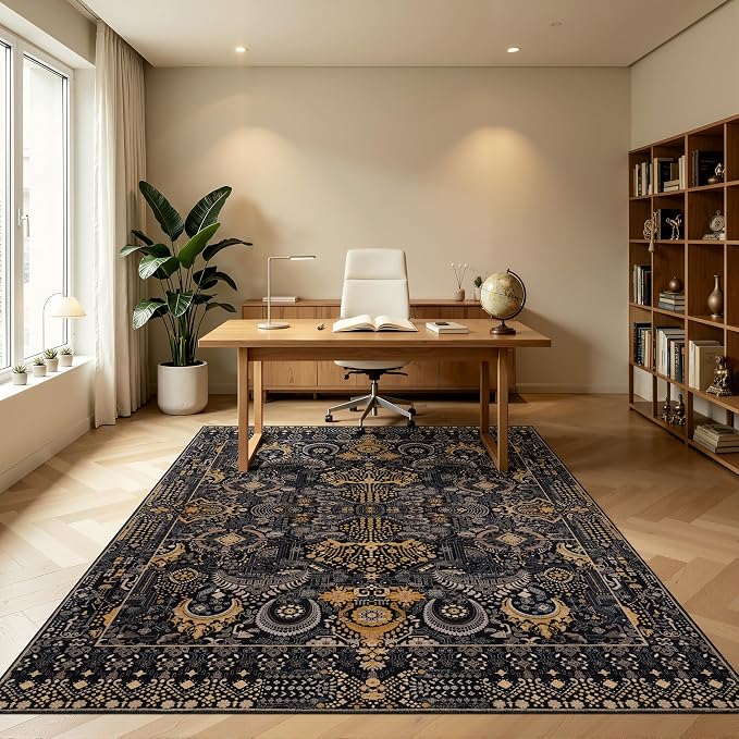 Ruaruarug Area Rug 5'×7', Non Slip Machine Washable Ultra Soft Stain & Fade Resistant, Pet & Kids Friendly, for Living Room/Bedroom/Kitchen/Classroom, Black and Gold
