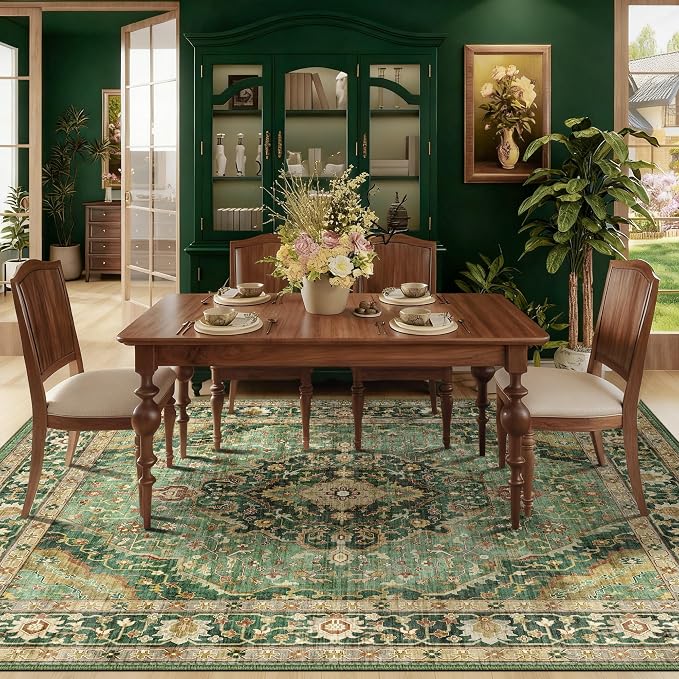 Green Rugs for Bedroom Area Rugs 7x9 Washable Rugs Boho Vintage Oriental Large Foldable Faux Wool Carpet for Living Room Nursery Room Dorm Kids Playroom Home Office