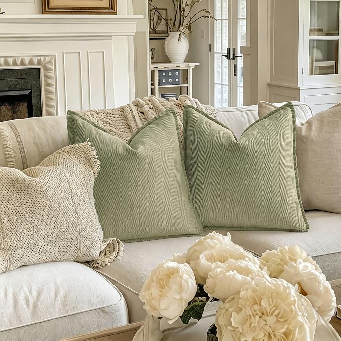 ZWJD Sage Green Pillow Covers 16x16 Set of 2 Chenille Throw Pillow Covers with Elegant Design Soft and Luxurious Decorative Throw Pillows for Couch, Bed, and Home Decor