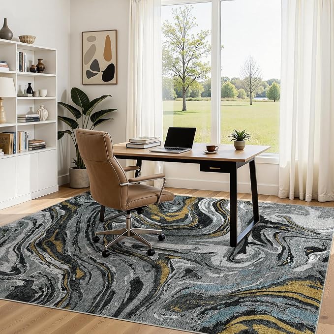 DMOYEST 7x9 Area Rug for Living Room - Washable Neutral Modern Abstract Rugs Soft Non-Slip Carpet Low Pile Indoor Floor Mat for Bedroom & Dining Room Decor for Families with Kids and Pet-Black Golden