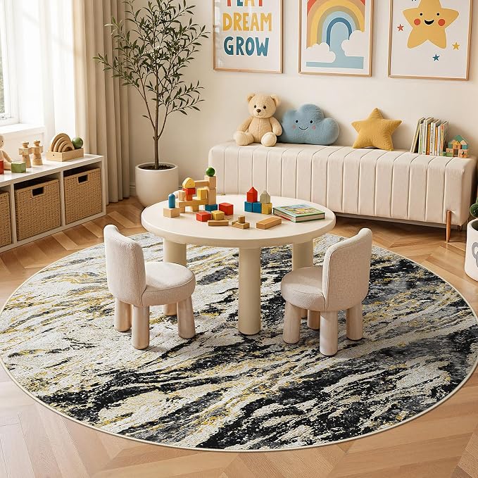 Area Rugs for Living Room: 8ft Round Abstract Washable Rug Modern Neutral Large Soft Stain Resistant Non-Slip for Bedroom Dining Room Indoor Home Office Carpet - Black Gold