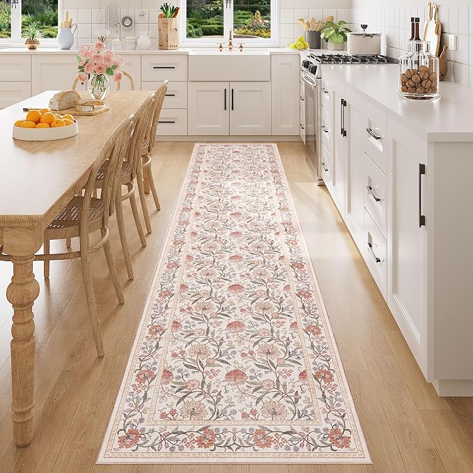 DUKINO 2x8 Runner Rug, Washable Vintage Floral Kitchen Rugs, Beige Pink | Non Slip, Low Pile, Stain Resistant Aesthetic Soft Carpet Runner for Hallway Bathroom Entryway Bedroom Farmhouse Laundry Room
