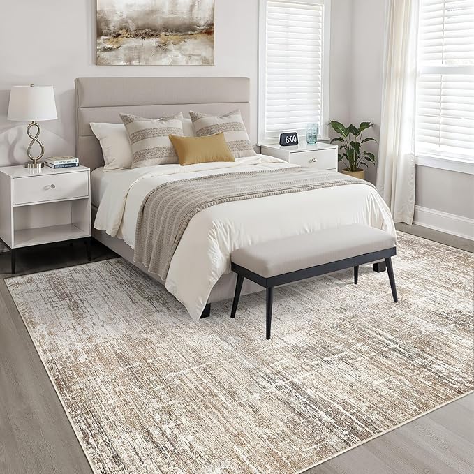 10x13 Area Rug Living Room: Washable Large Neutral Rug Abstract Soft Modern Stain Resistant Indoor Floor Non-Slip Carpet for Bedroom Nursery Kids Office Playroom Dining Room Under Table- Dark Brown