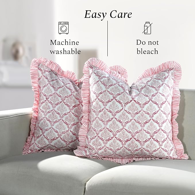 CPC Blush Rose Hand Block Print 100% Cotton Ruffle Throw Pillow Cover 20x20 inch with Hidden Zipper Decorative for Couch, Bed, Sofa, Farmhouse, Cottagecore Decor Gift Christmas Fall Thanksgiving