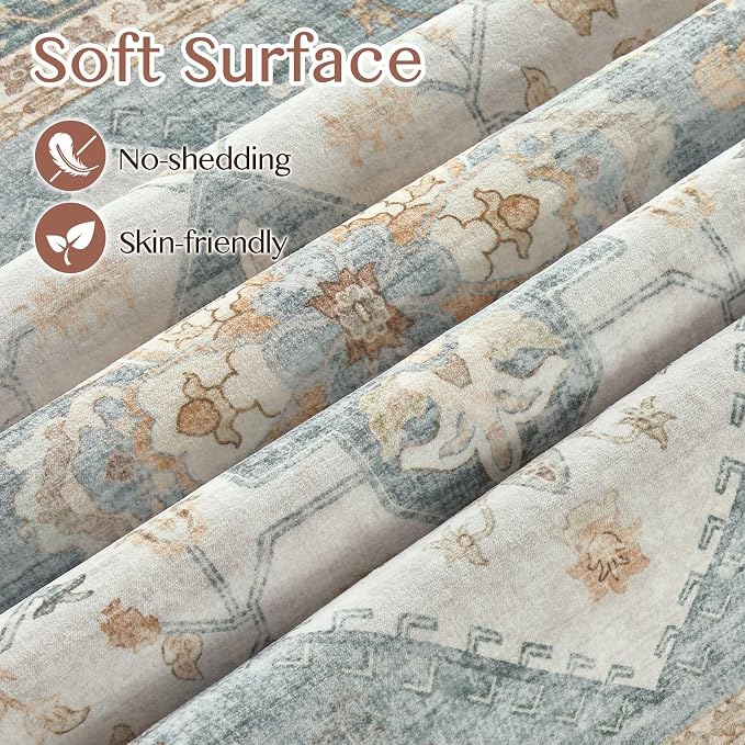 Tortania Area Rug Living Room Rugs - 8x10 Washable Boho Rug Vintage Oriental Distressed Farmhouse Large Thin Indoor Carpet for Living Room Bedroom Under Dining Table Home Office - Muted Teal