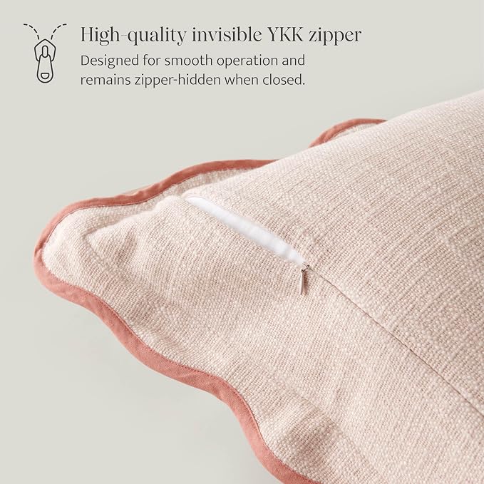 Double Stitch Scalloped Throw Pillow Covers - 100% Cotton Decorative Boho Pillow Covers 20 x 20, Made in India, Square Cushion Case, Modern Home Decor for Couch Sofa Living Room, Shell Pink