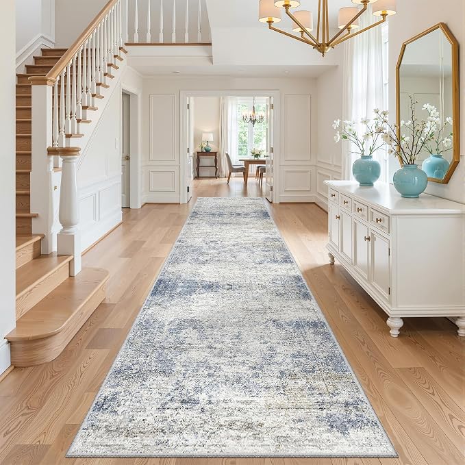 3x10 Runner Rug Non Slip,Washable Hallway Runner Rug,Blue | Long Neutral Rugs for Kitchen,Entryway,Bedroom,Bathroom,Laundry Room,Thin,Soft Runner Rug,Stain Resistant Indoor Carpet
