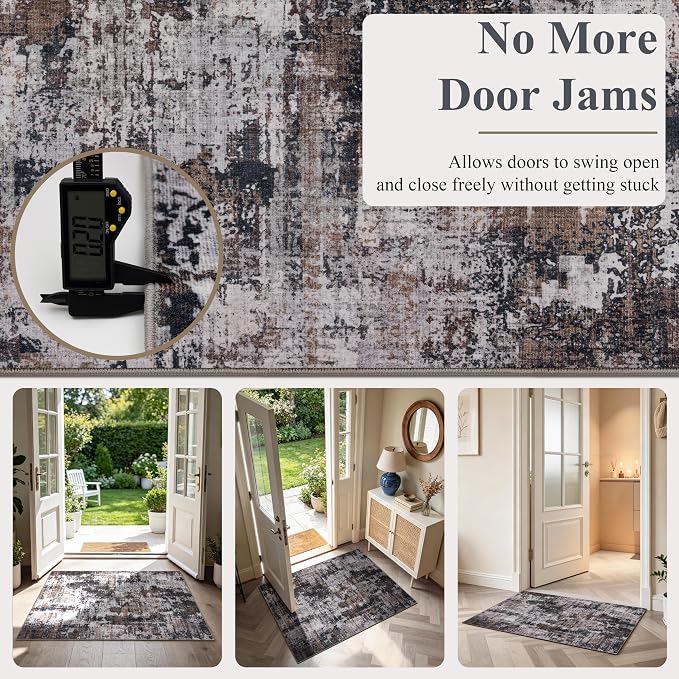 Sasttie 3x5 Area Rug for Entryway, Washable Modern Abstract Small Carpet for Living Room Bedroom Door-mat, Soft Entry Rug with Non-Slip Backing, Black and Brown