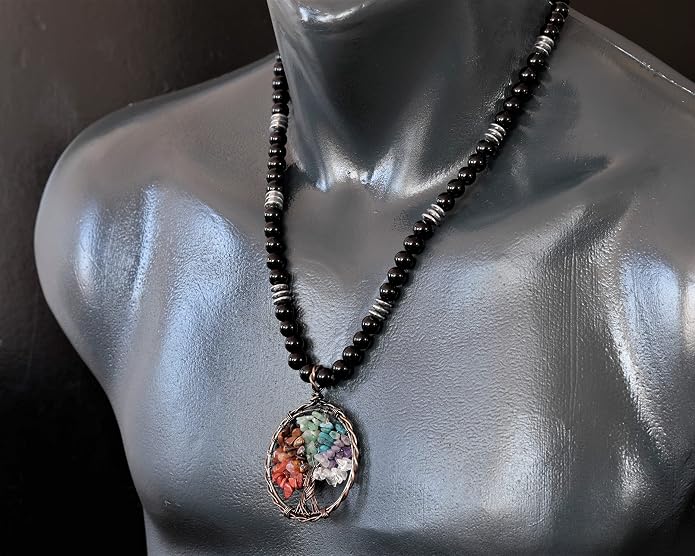 ElisaJewelryArt - Natural Amethyst Big Tree Of Life Pendant Black Onyx Stone Beaded Necklace Genuine Gemstone Feng Shui Stone Clasp Closure Necklace Unisex Necklace