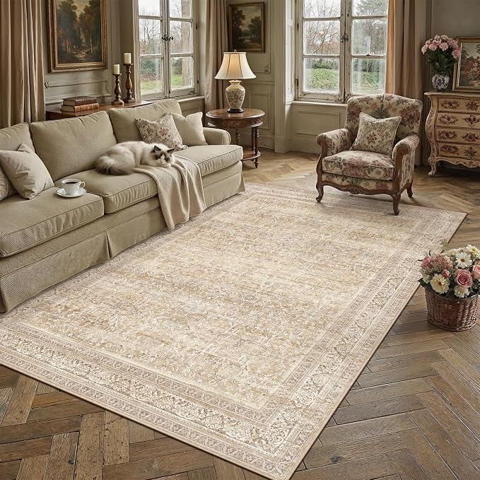 5x7 Beige Neutral Retro Area Rug | Washable, Low Pile, Floral, Soft, Non Slip, Carpet for Living Room Bedroom Dining Room Nursery Office Indoor Home Decor