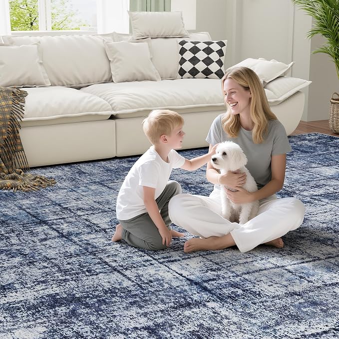 8x10 Area Rugs for Living Room Washable Rug: Anti-Skid Abstract Modern Living Room Rug Soft Thin Carpets Indoor Floor Non-Shedding Carpet for Bedroom Dining Farmhouse Nursery Navy Light Gray