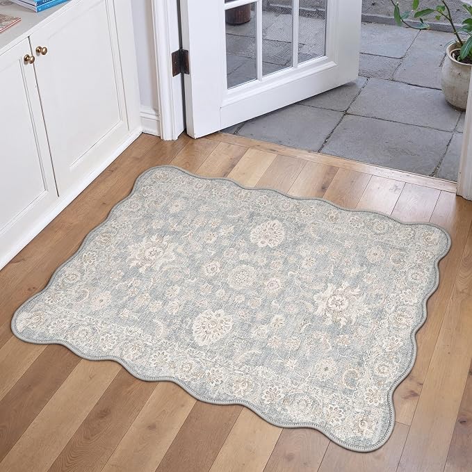 2x3 Blue Cream Washable Scalloped Area Rug for Entryway Neutral Floral Soft Non Slip Small Carpet Low Pile Distressed Door Mat for Entrance Bathroom Bedroom Indoor