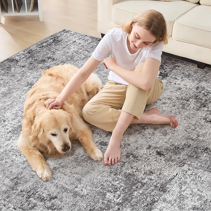 DMOYEST Square Area Rug Living Room Rugs - 8x8 Washable Large Soft Indoor Neutral Modern Abstract Low Pile Rug Carpet for Bedroom Dining Room Farmhouse Home Office - Grey