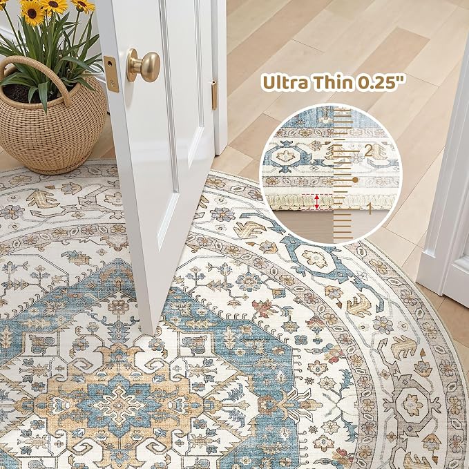 Area Rug for Living Room - 8x8 Soft Washable Oriental Vintage Floral Distressed Large Carpet - Fade Stain Resistant Non Slip Rugs for Bedroom Dining Room Nursery Dorm Office Home Decor - Blue/Beige