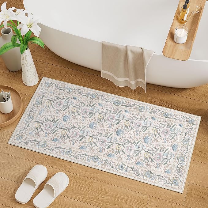DUKINO 2x4 Rug, Washable Vintage Floral Entryway Rug Non Slip, Cream Blue | Low Pile, Non-Shedding, Stain Resistant Boho Lightweight Soft Indoor Carpet for Kitchen Bathroom Hallway Laundry Farmhouse