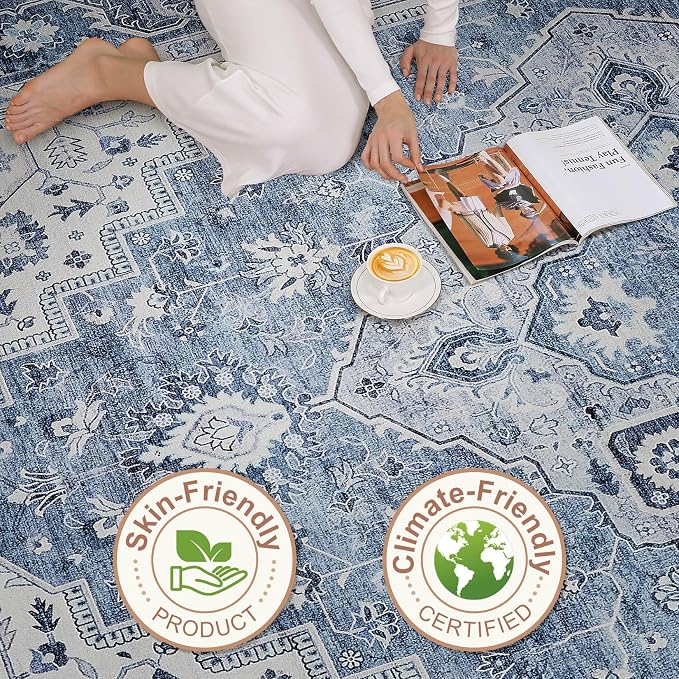 6x8 Area Rug Living Room: Washable Boho Large Neutral Vintage Soft Rug Stain Resistant Farmhouse Non-Slip Indoor Floor Retro Carpet for Bedroom Nursery Kids Office Dining Room- Blue Gray