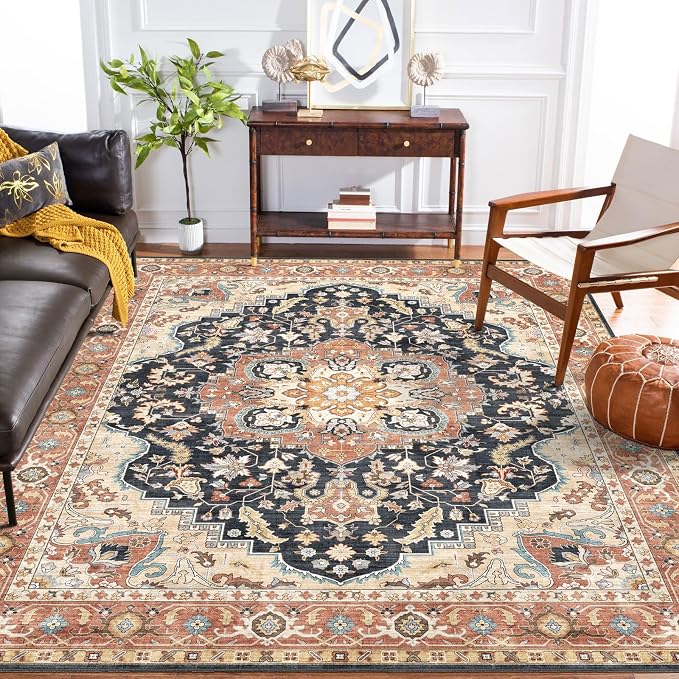 LUXRUG 6x9 Area Rug for Living Room - Terracotta Black Washable Rugs for Bedroom Non-Slip Oriental Farmhouse Soft Bedroom Rug Stain Resistant Dining Room Rugs for Under Table Southwestern Home Decor