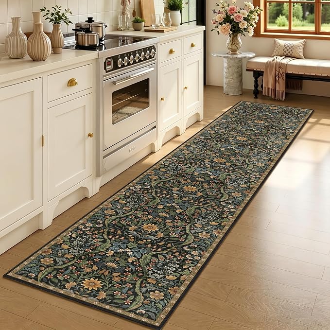2x10 Washable Runner Rug,Black Brown Floral Boho Area Rug for Hallway,Low-Pile Non-Slip Stain Resistant Carpet for Kitchen, Bedside,Laundry Room,Entryway