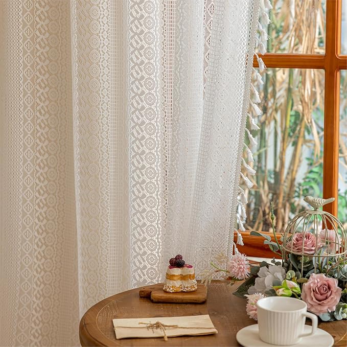 Sutuo Home White Boho Lace Curtains 2 Panels for Kitchen Living Room, Sheer Curtains Crochet Vintage Country Tassels Bohemian Ivory Privacy Window Treatments Rustic Geometry Rod Pocket, 50" x 63"