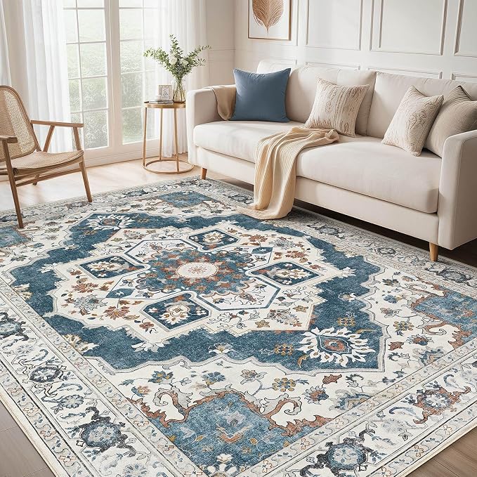 6x9 Washable Area Rug: Vintage Neutral Soft Non Slip Thin Large Floor Carpet for Living Room Bedroom Kitchen Dining Room Home Office Farmhouse Indoor - Blue
