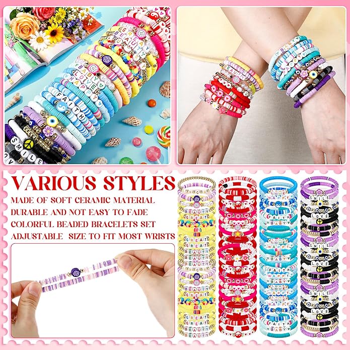 Equsion 100 Pcs Preppy Friendship Bracelets for Women Heishi Surfer Clay Stackable Bead Easter Boho Y2k Bracelets Gifts