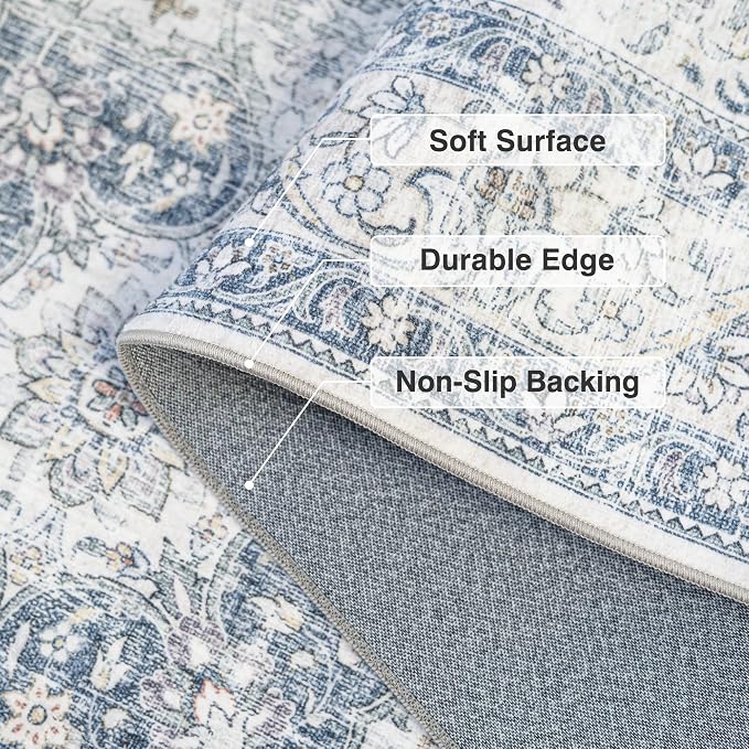 Entryway Rug 2x3 Blue Washable Vintage Entryway Area Rug Distressed Oriental Neutral Non Slip Low Pile Door Mat Soft Retro Small Throw Thin Indoor Carpet for Entry Entrance Kitchen Bathroom Bedroom