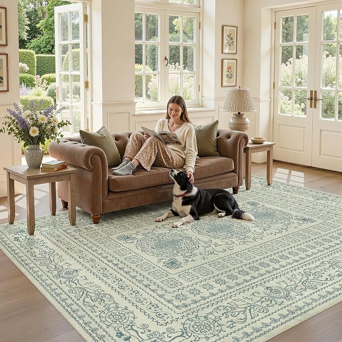 Nakagishi 5x7 Area Rugs Living Room: Washable Large Vintage Rug Neutral Non-Slip Soft Stain Resistant Indoor Carpet for Bedroom Nursery Dining Room Office Playroom - Forest Green