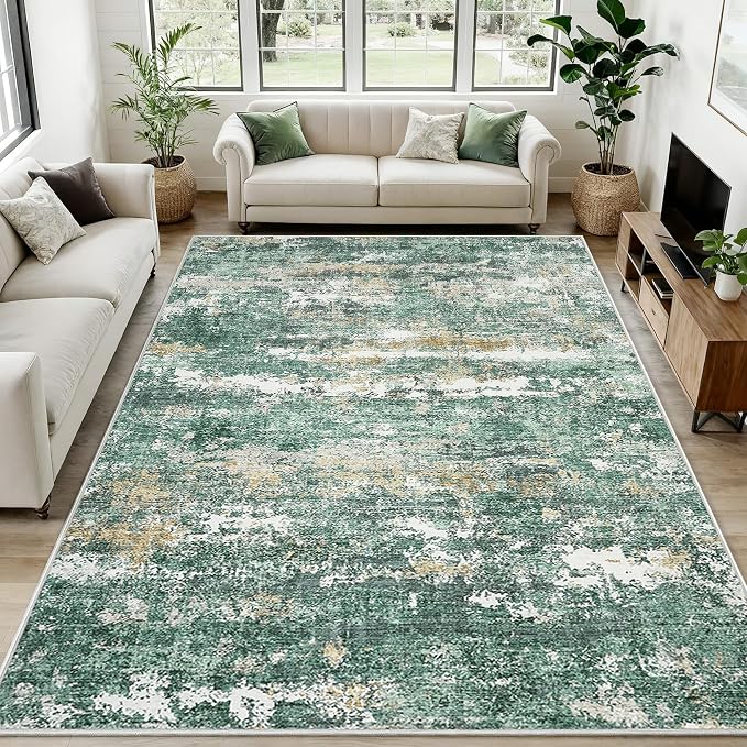 ROYHOME 9x12 Rugs for Bedroom Abstract Area Rugs Living Room Machine Washable Indoor Large Floor Carpet with Non Slip Backing Stain Resistant Green