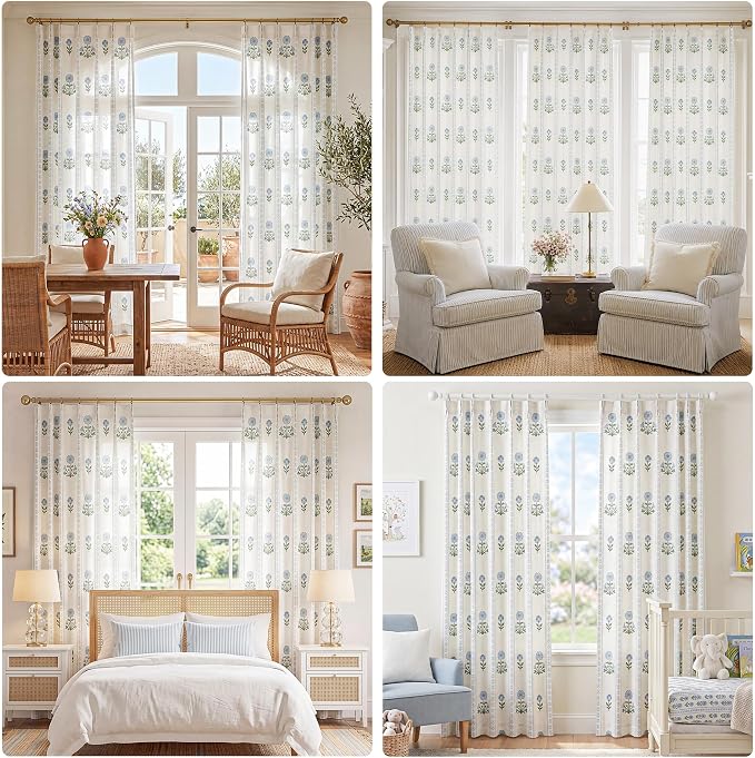 THREE GIRLS Pinch Pleated Light Filtering Linen Blend Floral Block Print Curtains for Living Room, Bedroom, Modern Farmhouse, Memory Trained, Hooks, 2 Panels Set, 40"x84", Blue