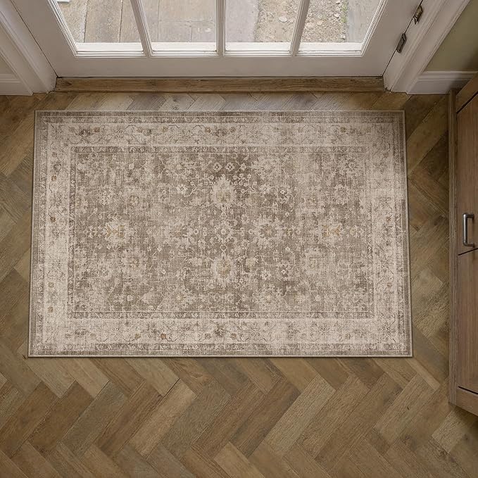 HUGEAR 2x3 Entryway Rug Taupe Machine Washable Rug Room Decor Vintage Distressed Small Area Rugs Indoor Door Mat Low Pile Non Slip Carpet for Kitchen Living Bedroom Soft Lightweight