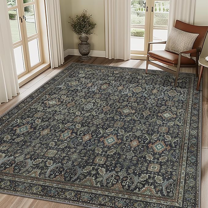BESBLEE 8X10 Area Rugs Machine Washable Rugs for Living Room, Vintage Boho Large Rugs for Bedroom Dining Room, Non Slip Indoor Soft Distressed Lightweight Thin Low Pile Carpet, Black