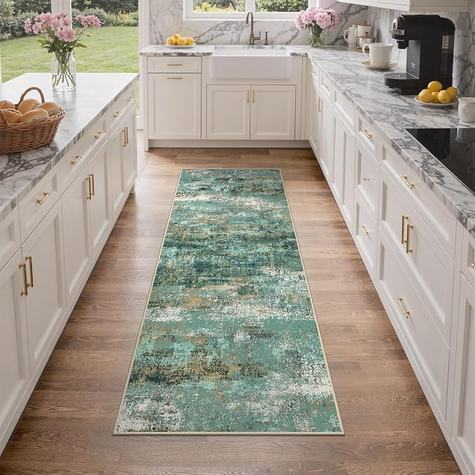 GENIMO Runner Rug Non Slip 2x6, Washable Rug Runner for Hallways Kitchen, Abstract Modern Kitchen Rugs, Low Pile Lightweight Carpet Runners for Entryway, Bedroom, Laundry, Turquoise